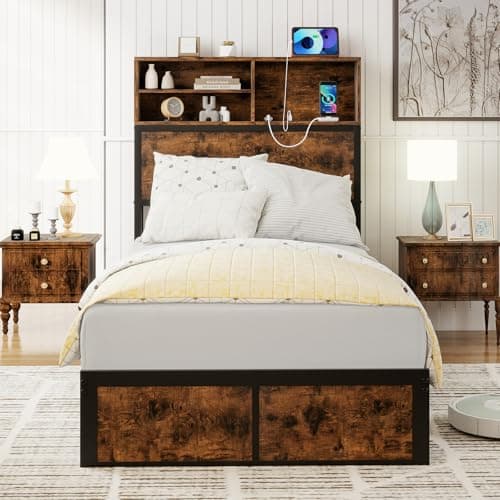 Image of COSTWAY Single/Double/King Size Bed Frame with Charging Station, Storage Headboard and Underbed Space, Industrial Metal Slats Support Platform Bed Base Mattress Foundation (Rustic Brown, 3FT Single)