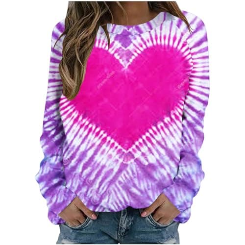 Image of AMhomely T Shirts for Women UK Printed Long Sleeve Womens Tops Tie-dye Heart Print Casual Pullover Tops Blouse Rainbow Love Graphic Crewneck Sweatshirts Oversized Casual Blouse Multicolor L
