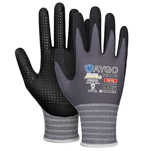 Image of KAYGO Work Gloves with Grip Dots on Palm for Anti-Slip - 12 Pairs, KG19N, MicroFoam Nitrile Coated Light Oil Compatible, Seamless Knit Nylon Gripper Work Gloves for Warehouse, Automotive (Grey, XL)