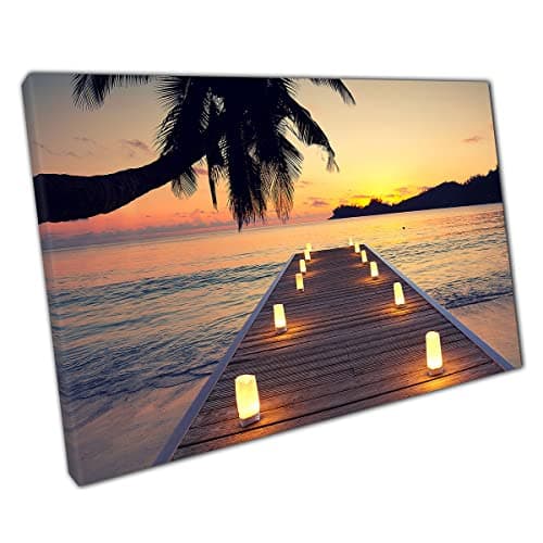 Image of Wooden Candle Lit Jetty During A Tropical Beach Sunset Wall Art Print On Canvas Picture For Home Office Decor 30x20cm (12x8In)
