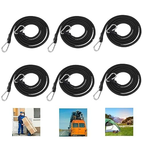 Image of Bungee Cords with Carabiner Clips, 6 Pack Bungees With Hooks,1 m Long Heavy Duty Carabiner Bungee Cord for Camping Tarps Bike Rack Tent Car Roof Rack Black