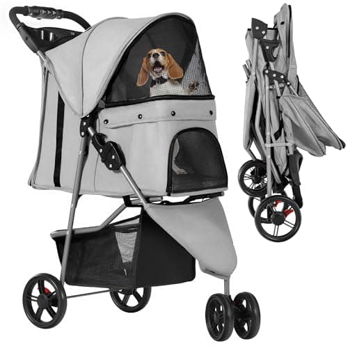 Image of YITAHOME 15 kg Foldable Dog Stroller, Cat Stroller with 3 Wheels, Mesh Windows, Cup Holder, and Brakes, Suitable for Medium-Sized Light Gray