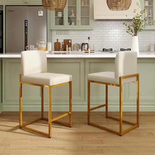 Image of ALPHA HOME 24" Bar Stools Set of 2 Breakfast Chair Pu Leather Counter Height Bar Stool with Backs Kitchen Stools with Footrest Metal Steel Frame, Off-White