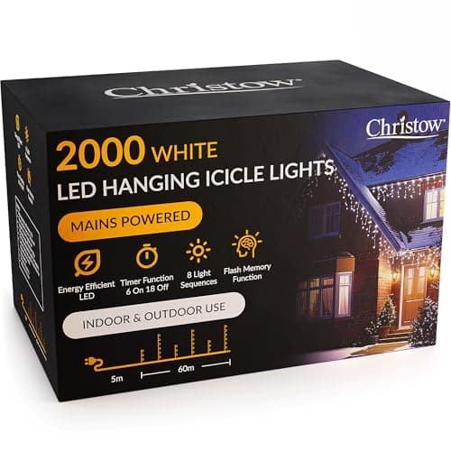 Image of CHRISTOW Hanging Icicle Christmas Lights, 2000 White LED, 60m Lit Length, Indoor & Outdoor, Mains Powered with Timer, 8 Flash Lighting Modes with Memory, Fairy String Light Xmas Decorations
