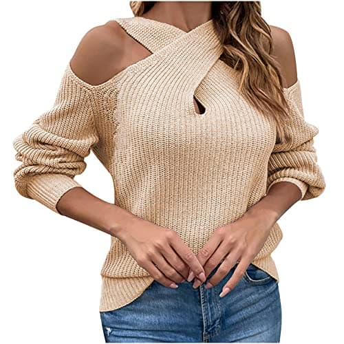 Image of Off Shoulder Womens Jumper Cut Out Long Sleeve Pullover Sweater Halter Neck Casual Loose Elegant Cold Shoulder Knitted Ladies Jumpers Tops UK Khaki