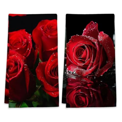 Image of LUOENY 2 Pcs Red Rose Tea Towels Set Absorbent Quick Dish Cloths Hand Towels Reusable Bar Hand Dishcloths Decor for Bathroom Kitchen Home Supplies, 45x60 cm
