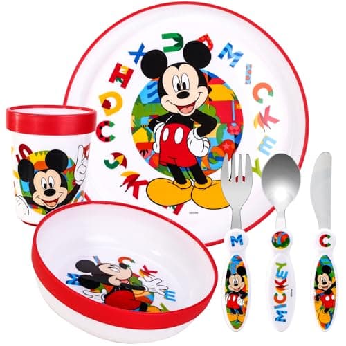 Image of Kids 6 Piece Reusable Dinner Set - Plate/Bowl/Cup/Knife/Fork/Spoon - Childrens Dinnerware Tableware Cutlery Set (Mickey Mouse)
