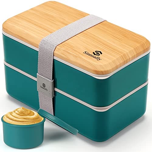 Image of Sinnsally 1400ML Bento Box Lunch Boxes, Stackable Bento Lunch Box for Adults,Leak-Proof Lunch Container with Compartments,Japanese Style Lunchbox with Sauce Pot Cutlery Set (Nordic Green)