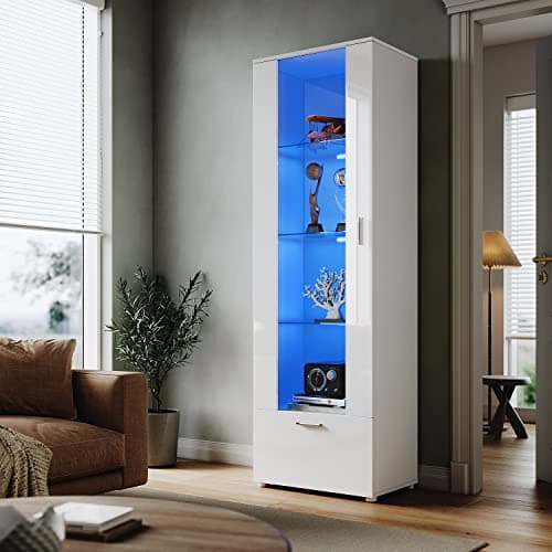 Image of ELEGANT White High Gloss Sideboards with 16 colors LED Light Single Door Modern Tall Display Cabinet Furniture for Living Room, H187xW60xD40cm
