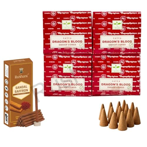 Image of Satya Dragon’s Blood Dhoop Cones with Stand, 4 Packs x 12 (48 Cones Total) + Rushant Sandal Saffron Dhoop Sticks (10) – Incense Set for Relaxation & Meditation