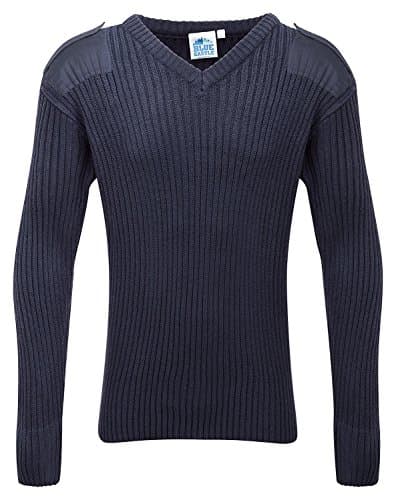 Image of Mens Army Pullover Security Military Jumper Knitted Sweater V Neck With Shoulder Epaulettes And Elbow Patches (Medium, Navy)