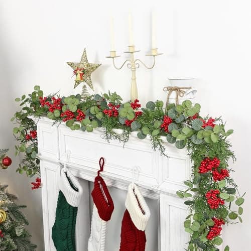 Image of SOMYTING Set of 2 Christmas Garlands Artificial Tree Garland with Pine Cones Artificial Red Berries for Table Runner, Christmas, Home, Door, Fireplace, Staircase Decoration (190 cm x 2)