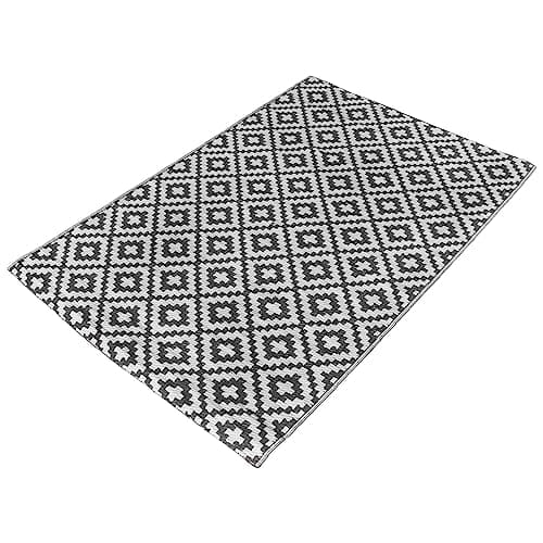 Image of Dreamscene Outdoor Rug, Geometric Print Garden Rug Water Resistant Foldable Non Slip Large Rug Reversible Decking Tiles Outdoor Carpet for Patio Poolside Porch Picnic Camping, Grey/White - 160 x 230cm