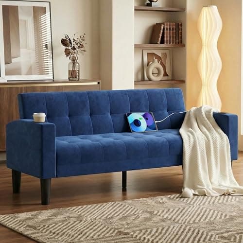 Image of ROCSUMOO 2 Seater Sofa 157cm Comfy Loveseat Velvet Sofa with 2 USB 2 Cup Holder Upholstered Small Sofa for Living Room&Office, Blue