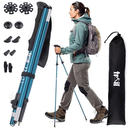 Image of Trail Folding Walking Poles 2 Pack – Lightweight Aluminium Trekking & Hiking Sticks, Adjustable Fliplock Design, Tungsten Tips with Mud, Snow, Rubber & Boot Attachments for All Terrains, 120–135cm