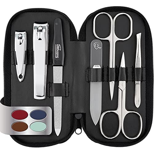 Image of Solingen Manicure Set for Women & Men - 7-Piece Nail Kit Made in Germany with Patented Glass Nailfile - Handy and Soft Real Leather Case, Black