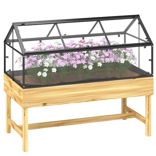 Image of Outsunny Raised Garden Bed with Cold Frame Greenhouse, Elevated Wood Planter Box with Polycarbonate Panel and Top Vent for Vegetables, Flowers, Herbs, 120 x 60 x 103cm, Natural
