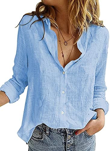 Image of Livonmone Women's Blouses Shirts Casual Long Sleeve V Neck Button Down Basic Loose Tunic Tops Solid Sky Blue M