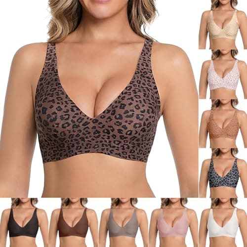 Image of Wireless Bras for Women UK Jelly Bras for Women Deep V Wireless Push Up Leopard Print Bra Full Coverage Non Wired Support Padded Seamless Sports Tshirt Bralettes with Adjustable Straps