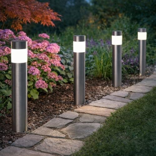 Image of Garden Mile Set of 4 Modern Stainless Steel Solar Garden Lights - Solar Powered, Waterproof, Anti-Rust, Auto ON/OFF - Perfect for Garden, Patio, Lawn - 4pc Bollard Lights - 35cm