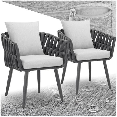 Image of tectake® Set of 2 Garden Chairs in Rope Design with Aluminium Frame, Thick Seat & Back Cushions, Water-Repellent Covers & Height-Adjustable Feet, Easy Assembly - Ideal Patio & Garden Furniture - Grey