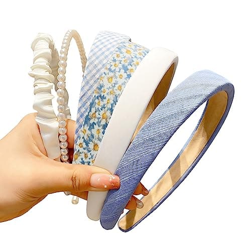Image of Fashion Headbands for Women Girls Headband Set, 6pcs Pearl Headband Floral Hair Bands Padded Head bands for Women Vintage Wide Head band (Blue)