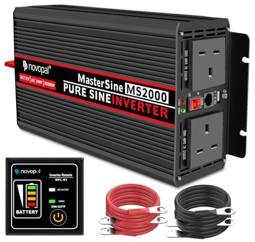 Image of NOVOPAL 2000W Power Inverter Pure Sine Wave 12V DC to 240V AC Converter with 2 UK Outlets and 1 USB,16.4FT Remote Control,2 Cooling Fans for RV,Boat,Camping,Home