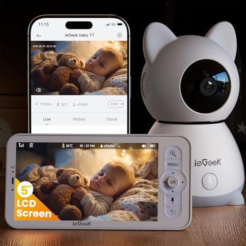 Image of ieGeek 2K Baby Monitor with 5" Screen, HD Video Baby Camera with Motion & Cry Detection, Two-Way Audio, Night Vision, 360° PTZ & Temperature Humidity Sensor for Baby Nursery (Light Grey)