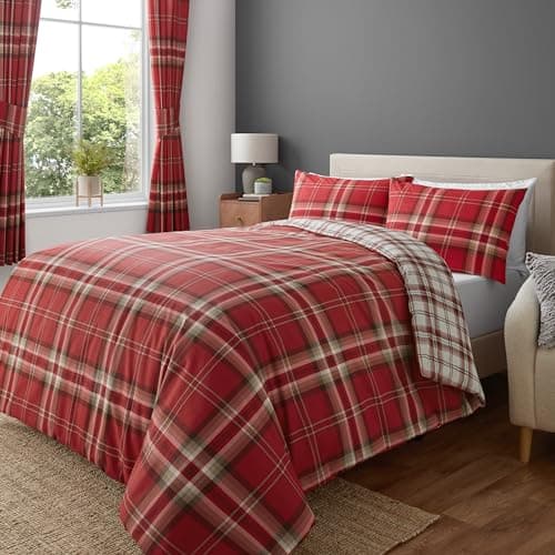 Image of Catherine Lansfield Kelso Check Reversible Double Duvet Cover Set with Pillowcase Red
