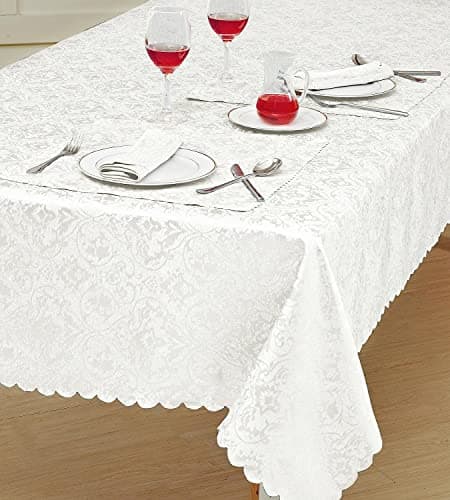Image of Home Decorative Classic Damask Printed Jacquard Tablecloth Washable Runner Round Rectangle Napkin Table Cover Cloth Protector for Kitchen Picnic (White, Rectangle 52" x 70")