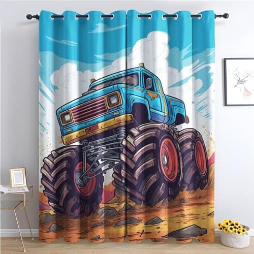 Image of Monster Truck Blackout Curtains for Bedroom living Room, Kids Boys Cartoon Curtains 46 x 90, 90 Inch Drop Curtains 2 Panels Set, Thermal Eyelet Drapes Decorative Patterned Window Treatments (Wn-&12)