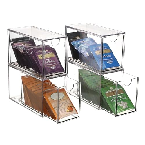 Image of SUMNACON 4 Pack Acrylic Tea Bag Drawer Organizer, Clear Stackable Coffee Capsules Container Countertop Drawer Design Tea Packet Storage Holder Kitchen Spice Packet Storage Organizer (No Tea Bag)