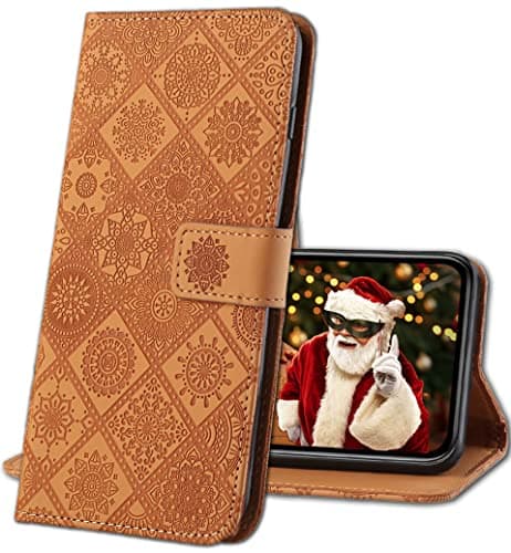 Image of IMIRST Phone Flip Case for Apple iPhone 13 mini, Premium PU Leather Embossing Design Protective Cover Stand Wallet Case Compatible for Apple iPhone 13 mini. XC3 Brown