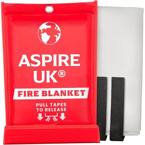 Image of ASPIRE UK Fire Blanket 1M x 1M – 1 Pack Fibreglass Fire Suppression Blanket, Designed for Kitchen, Home, Office, Camping & Caravan Use, Emergency Safety Blanket for Cooking & Small Fires