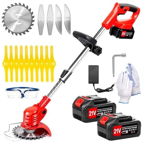 Image of Cordless Strimmer with Battery 21V, Electric Grass Trimmer & Brush Cutter, 2 Batteries, 15 Blade Set, Telescopic Lightweight electric strimmer for Lawn Edging, Small Garden & Thick Grass UK