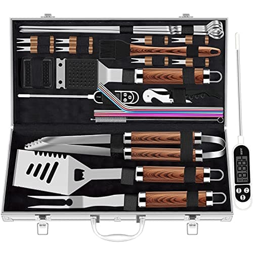 Image of ROMANTICIST 26pcs Extra Thick BBQ Grill Accessories, Father's Day Grilling Gifts Set for Men Dad, Heavy Duty Grill Tools Utensils Kit with Meat Thermometer in Aluminum Case for Birthday Brown