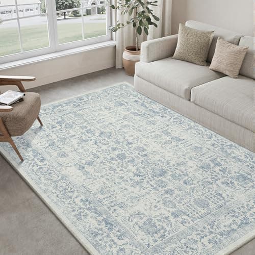 Image of HUGEAR Vintage Blue Rugs Living Room Washable Non Slip Large Area Rug 150x210cm Bedroom Kitchen Hall Lounge Office Dining Room Indoor Carpet Low Pile Big Carpets