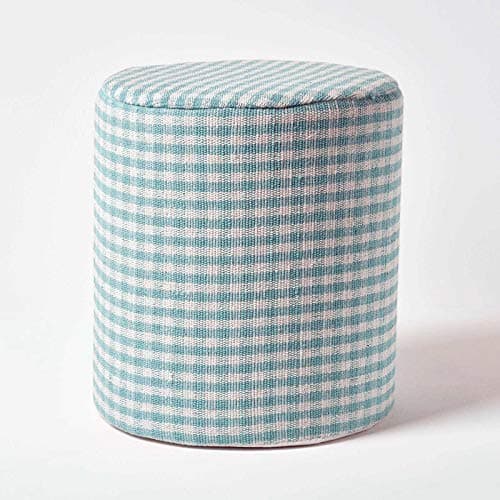 Image of HOMESCAPES Blue Round Cotton Gingham Check Pouffe - 40 x 40 x 42 cm