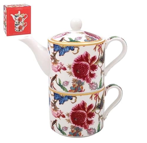 Image of The Leonardo Collection Anthina Tea for One Set | Lovely Design Tea Pot & Cup Set | Ceramic Tea Pot Gift Set | Floral Print Tea Pot for Home & Office