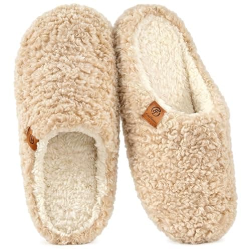 Image of EverFoams Women's Mule Slippers Comfy Warm Shearling Lightweight Breathable Memory Foam Anti-Slip House Shoes Khaki,7-8 UK