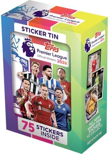 Image of Topps Premier League Stickers 2026 - Sticker Tin (Contains 12 Premier League Sticker Packets Plus 1 mini Pack (75 Stickers in Total).