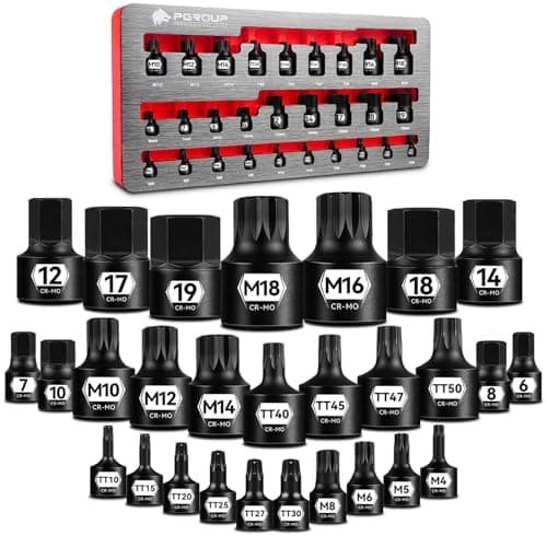 Image of 28-Piece Low Profile Impact Socket Set, 1/4", 3/8" & 1/2" Drive Metric socket set, Hex 6-19mm, Torx TT10-TT50, Spline M4-M18 with CR-MO Steel