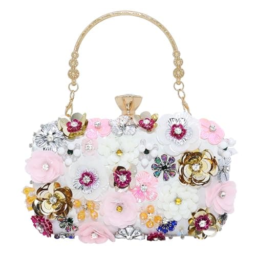 Image of Milisente Floral Clutch Bag for Women Beaded Flower Evening Purse with Diamond Closure Detachable Chain for Wedding(White)