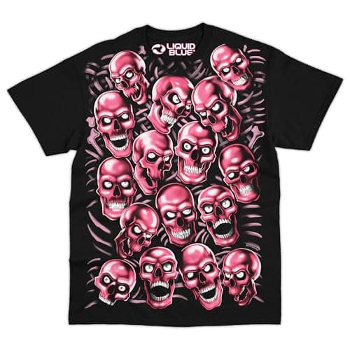 Image of Liquid Blue Skull Pile Graphic T-Shirt for Men – Iconic Skull Art Cotton Tee, Short Sleeve Streetwear, Pink/Black, XXL