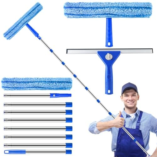 Image of 10Ft (3m) Window Cleaning Equipment, Window Cleaner Kit with Extension Pole, Window Squeegee & Microfiber Scrubber Washing Kit for High Windows, Shower Glass, Car, RV