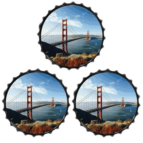 Image of FodPand 3PCS San Francisco Golden Gate Bridge Tin Sign - 11.8 Inch Metal Bottle Cap Wall Art Vintage Beer Decor for Man Cave, Bar, Kitchen & Office, Ready to Hang Round Metal Sign