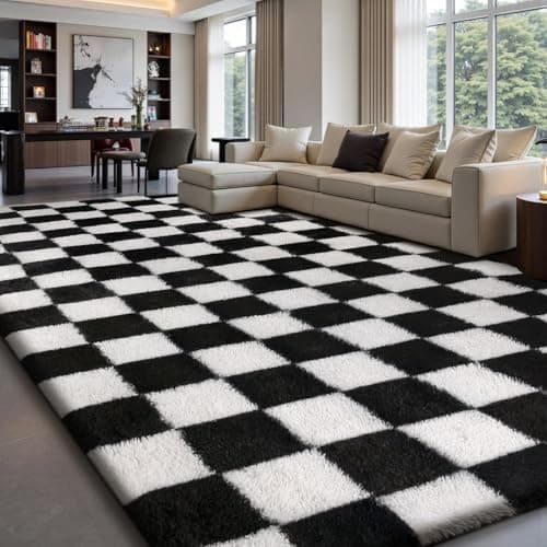 Image of Treeboy Rugs Living Room 120x160cm,Black and White Checkered Area Rug for Bedroom,Washable Anti Slip Extra Large Shaggy Rug Soft Fluffy Rug Fuzzy Carpet for Kids Room Nursery,Dorm Home Decor