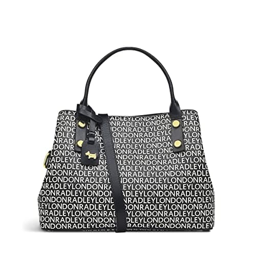 Image of RADLEY London Provence Street Signature Logo Small Multiway Grab Handbag for Women, Made from Black/Chalk Water-based Saffiano PU with Monogram Print, Handbag with Twin Handles & Adjustable Strap
