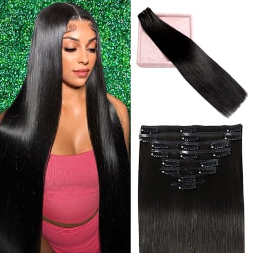 Image of POGINJA Clip in Hair Extensions Real Human Hair, 18 Inch 100g/3.6oz, 1B Natural Black, Clip in 100% Brazilian Remy Human Hair Extensions 8pcs Per Set with 18 Clips Double Weft