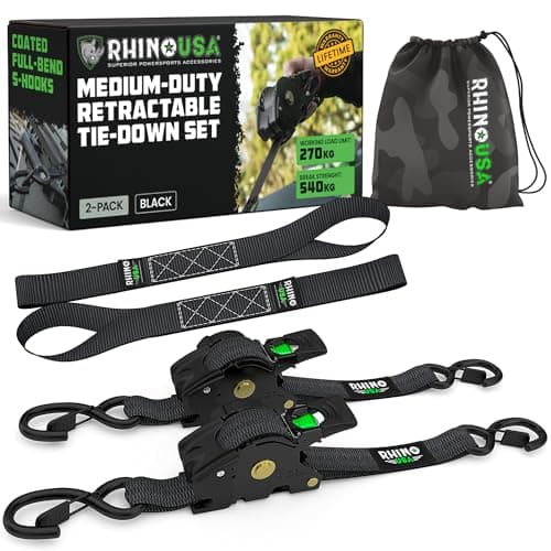 Image of Rhino USA Retractable Ratchet Straps (2-Pack) - 1 Inch x 10 Feet (1,209lb Break Strength) - Auto Self Retracting Tie Down Straps for Truck, Cargo Trailer, Motorcycle, Rad & More - Black